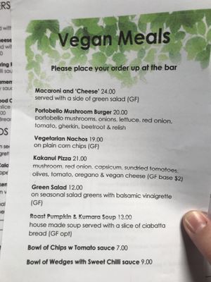 Vegan menu - more options to come in the coming weeks apparently  at Moeraki Tavern in Moeraki