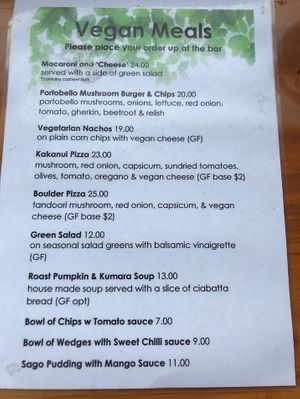 Vegan menu December 2021 #Veganuary at Moeraki Tavern in Moeraki