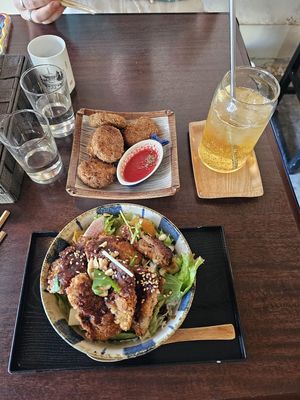 Cutlet bowl, tofu nuggets & apple lemon ciderr  at Cafe Ren - Kamigyo in Kyoto