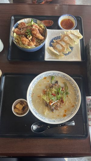 Vegan ramen and some bowl with fried gyoza  at Cafe Ren - Kamigyo in Kyoto