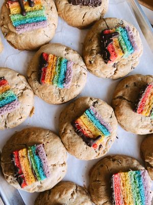 vegan/gf rainbow cookie core, 
chocolate chip cookies stuffed with vegan/gf rainbow cookies at Bliss Bites Cookies - Maybe closed in Beaufort