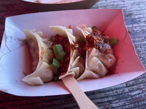 Clark fermentation: gyozas with crispy chili. Nice, but quite salty and spicy.  at Rotterdamse Oogstmarkt in Rotterdam