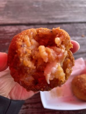 Inside of 1 Suppli (fried risotto ball)  at Rotterdamse Oogstmarkt in Rotterdam