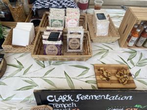 Clark fermentation: tempeh from a.o. mungbeans, chickpeas and ‘gierst'. The chickpea one is very good. The buckwheat one is bitter and the splitpea one is too soft. at Rotterdamse Oogstmarkt in Rotterdam