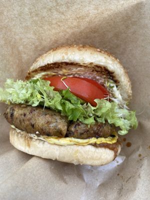 Teriyaki burger: quite nice but a bit too salty. The patty is soft, so maybe made of legumes? at Rotterdamse Oogstmarkt in Rotterdam