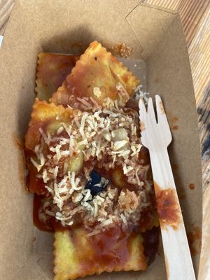 Vegan ravioli with parmezan cheese from Suppli: very tasty!  at Rotterdamse Oogstmarkt in Rotterdam