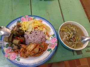 Good veggies and a mix of spicy, mild, and sour flavors...90Baht isn't going to break a farang's bank, but most places are cheaper. at Mee Mii in Chiang Rai