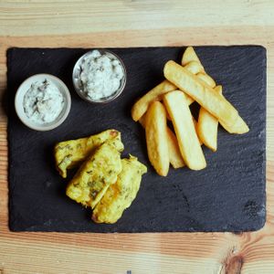 Marinated tofu in a golden wakame batter, chunky chips, and vegan tartare sauce.

 at Leaf Lovers in Birmingham