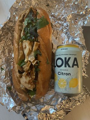 Banh Mi normal size with tofu and greens, soda-can for reference. at Vietnamhaket in Gothenburg