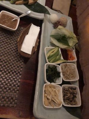 *Ssam bab (do it yourself, lettuce and sesame leaves wrap with variety of vegetables, sautéed mushrooms and bean paste sauce, served with 3 kinds of rice )  at HanGawi in New York City