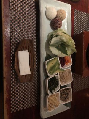 *Ssam bab (do it yourself, lettuce and sesame leaves wrap with variety of vegetables, sautéed mushrooms and bean paste sauce, served with 3 kinds of rice )  at HanGawi in New York City