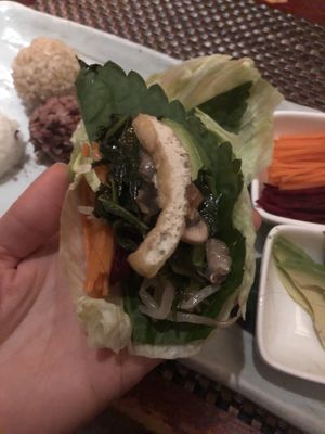 *Ssam bab (do it yourself, lettuce and sesame leaves wrap with variety of vegetables, sautéed mushrooms and bean paste sauce, served with 3 kinds of rice )  at HanGawi in New York City