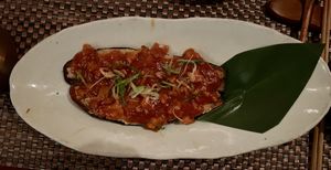 Spicy stuffed eggplant in chili sauce #Veganuary at HanGawi in New York City