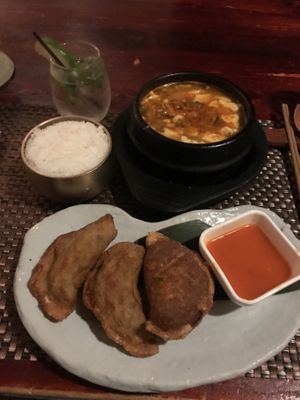 Fried dumplings (4), tofu stew, rice, soju mojito  at HanGawi in New York City