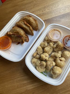 Take away fried veggie dumplings and cauliflower   at HanGawi in New York City