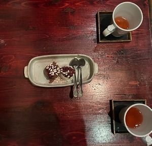 “red bean rhapsody” —  one scoop chocolate, one scoop vanilla chip (plant-based) ice cream, topped with sweet red beans and rice puffs  at HanGawi in New York City