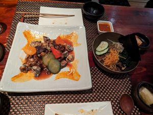 Crispy mushroom in sweet and sour sauce, and zen noodles at HanGawi in New York City