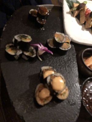 Combination kimbap (Korean vegan sushi rolls) (wild mountain roots and greens, crispy mushroom, kimchi mushroom and todok)   at HanGawi in New York City