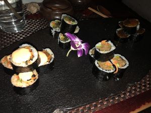 Combination kimbap (Korean vegan sushi rolls) (wild mountain roots and greens, crispy mushroom, kimchi mushroom and todok)   at HanGawi in New York City