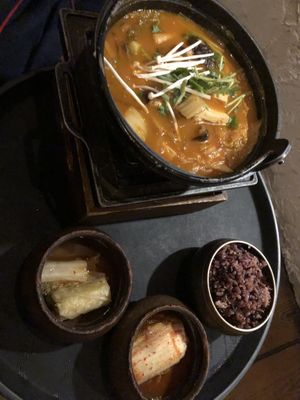 Tofu kimchi hot pot ( tofu with spicy preserved Korean cabbage and vegetables in hot pot)   at HanGawi in New York City