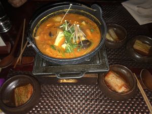 Tofu kimchi hot pot ( tofu with spicy preserved Korean cabbage and vegetables in hot pot)   at HanGawi in New York City