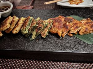 Korean pancakes platter (closeup)  at HanGawi in New York City