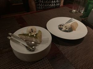 Desserts: matcha cheesecake plus black sesame pudding at HanGawi in New York City