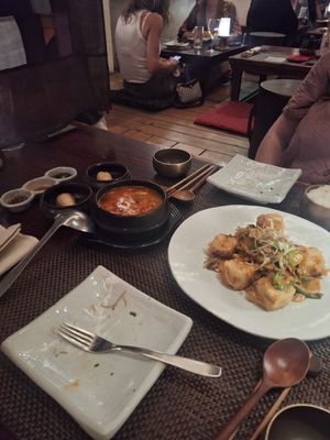 Spicy tofu soup and tofu in creamy sauce at HanGawi in New York City