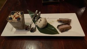 Vegan dessert plate (tiramisu, ice cream, chocolate cake) at HanGawi in New York City