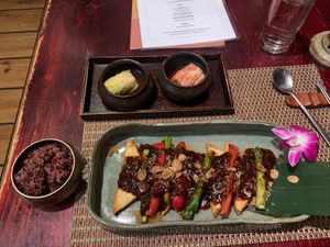 Tofu steak with multigrain rice  at HanGawi in New York City