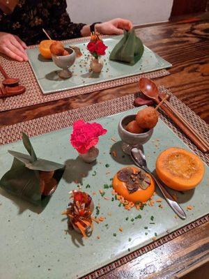 Persimmon, tofu puff, fried mushroom, eggplant roll at HanGawi in New York City