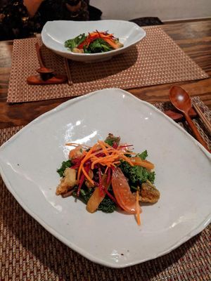 Salad- kale, persimmon, fried avocado, frisée, carrots at HanGawi in New York City