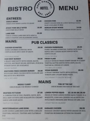 Menu page 1, some options here can be veganized as indicated on the menu at Port Campbell Hotel in Port Campbell