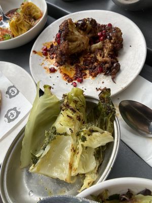 Hispi cabbage and cauliflower with tahini and pomegranate   at Caravan in North London