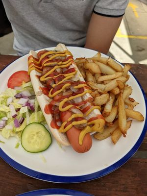 Vegan hotdog with homemade chips at The Top House in Filey