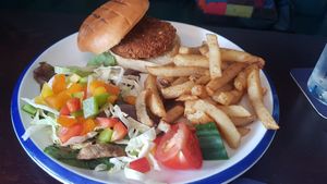 Vegan chicken burger with chips and salad at The Top House in Filey