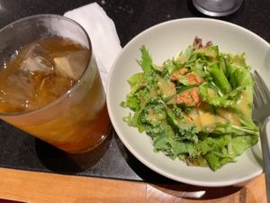 Lotus tea and salad  at Ginger Grass in Tokyo