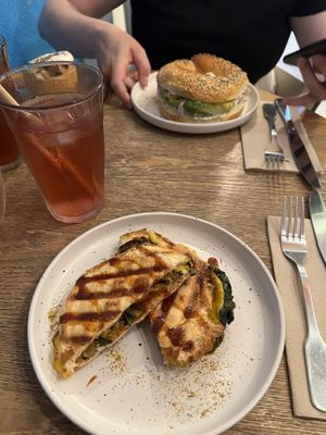 My vegan miso cheese toastie (apart from the honey). My friend has a ham bagel (not vegan)  at Zaza Coffee Shop in Toulouse