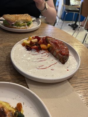 Vegan French toast. Never had French toast before but this was so so good, and it overcame my fear of stone fruits, super juicy!  at Zaza Coffee Shop in Toulouse