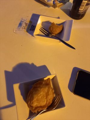 Croqueta de no pollo y bola de Pimiento (abajo) la croqueta gana al frito en sabor at Zelaik Gastrobar in Pamplona