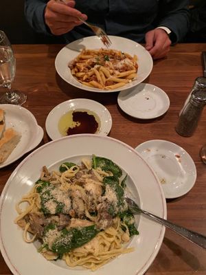 Vegan impossible burger bolognese and the oyster mushroom linguine with vegan Parmesan.  at Riverside in Hood River