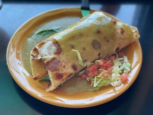 Veggie Burrito, no cheese, add seitan, mushrooms, and green sauce at MartAnnes in Flagstaff