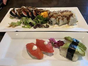 The Google It roll, vegan crunch, vegan tomato “tuna” nigiri, and avocado nigiri  at Kamakura Japanese Cuisine in Seattle