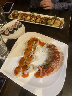 Death by crunch (top) Cream on Fire (bottomright) and vegan spicy California roll (bottom left)  at Kamakura Japanese Cuisine in Seattle