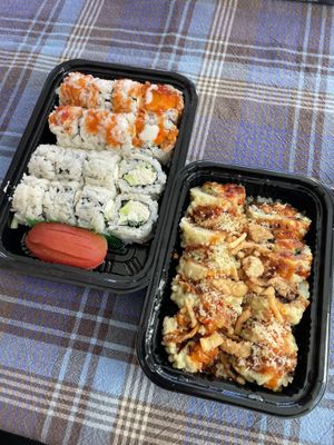 spicy cali roll on top left, reg cali roll bottom left, ‘tuna’ nigiri, death by crunch on right  at Kamakura Japanese Cuisine in Seattle