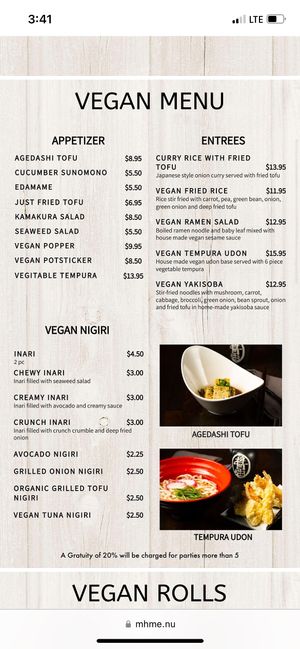 Vegan menu  at Kamakura Japanese Cuisine in Seattle