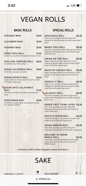 Vegan menu   at Kamakura Japanese Cuisine in Seattle