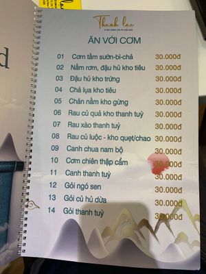 Menu at Thanh Lac in Ho Chi Minh City