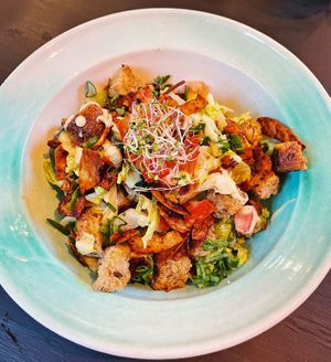 vegan ceasar salad with fake bacon at Breens Deli in Mallorca