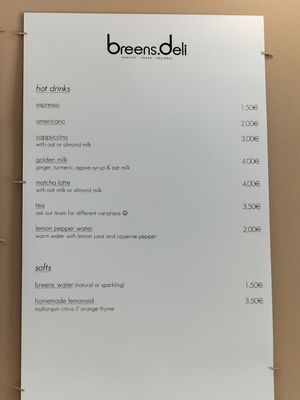 Menu at Breens Deli in Mallorca
